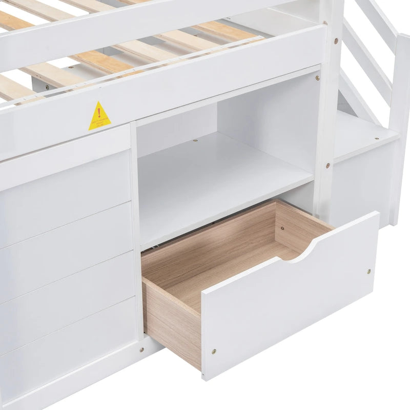 Lit mezzanine bas blanc en bois massif de taille double avec escaliers
