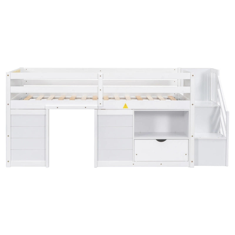 Lit mezzanine bas blanc en bois massif de taille double avec escaliers