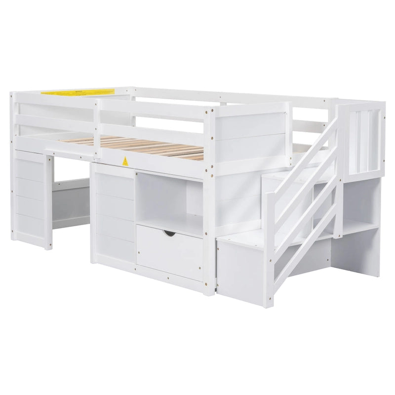 Lit mezzanine bas blanc en bois massif de taille double avec escaliers