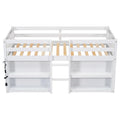 White Twin Size Wood Low Loft Bed with Two-Tier Shelves and LED