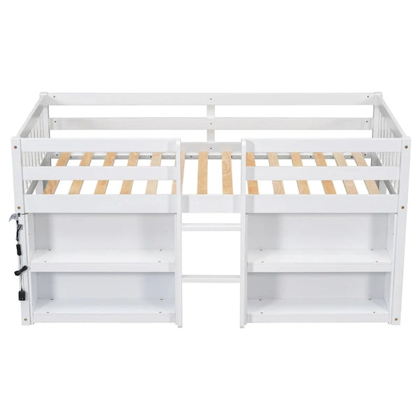 White Twin Size Wood Low Loft Bed with Two-Tier Shelves and LED