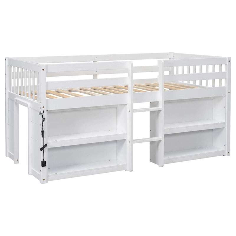 Lit mi-hauteur simple en bois blanc avec étagères à deux niveaux et LED