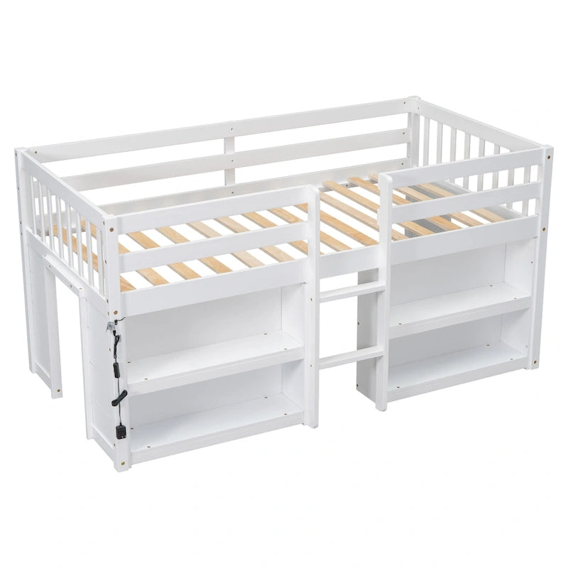 Lit mi-hauteur simple en bois blanc avec étagères à deux niveaux et LED