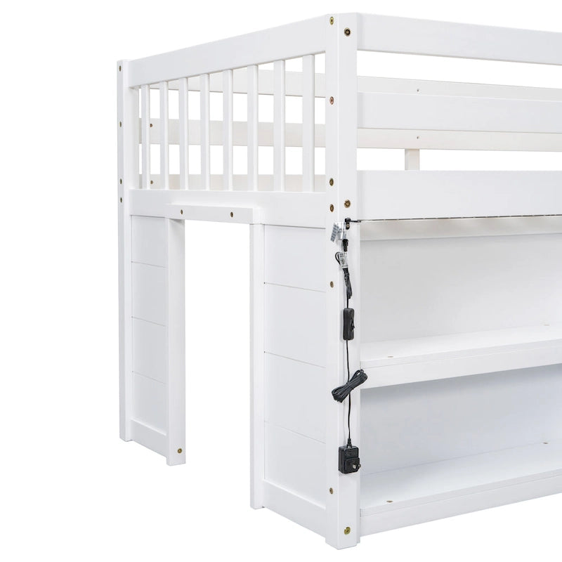 Lit mi-hauteur simple en bois blanc avec étagères à deux niveaux et LED