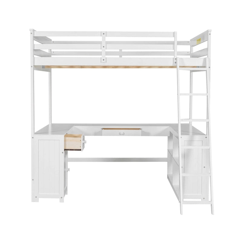 Lit mezzanine en bois pleine grandeur avec bureau, tableau noir, tiroirs et étagère ouverte