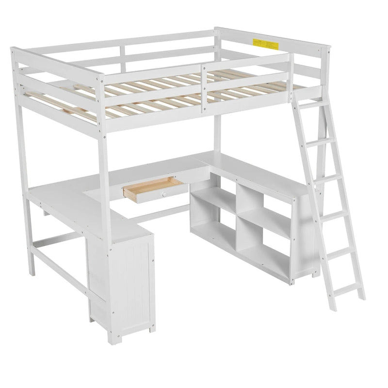 Lit mezzanine en bois pleine grandeur avec bureau, tableau noir, tiroirs et étagère ouverte