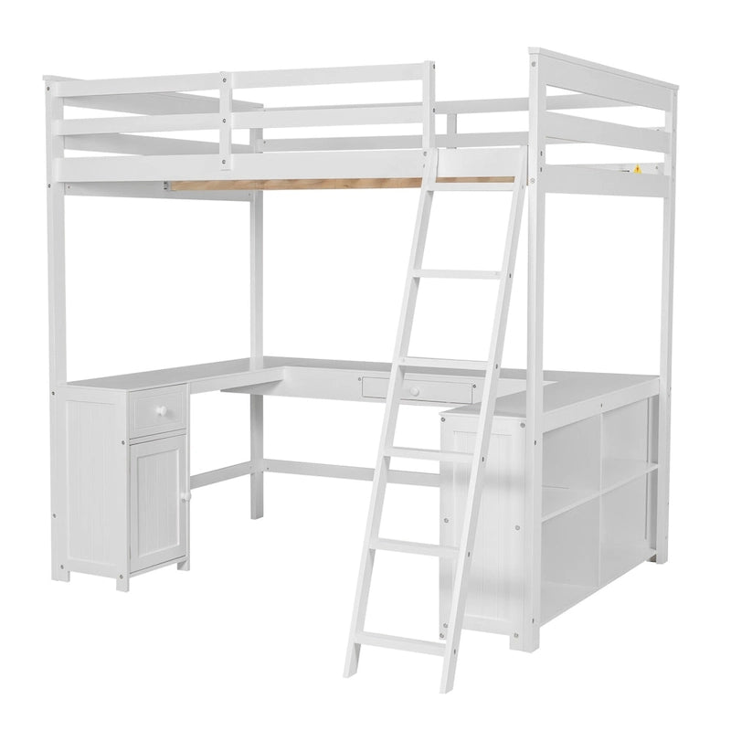 Lit mezzanine en bois pleine grandeur avec bureau, tableau noir, tiroirs et étagère ouverte