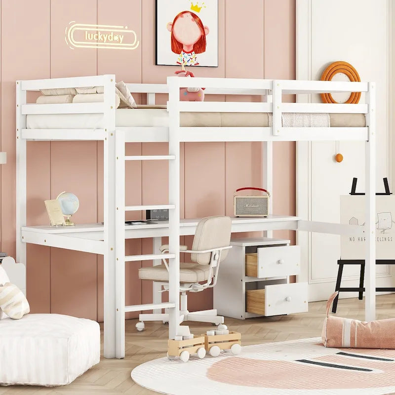 Lit mezzanine double en bois avec bureau intégré, armoire à 2 tiroirs, barrières de sécurité et échelle