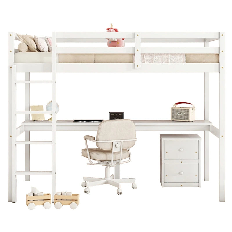 Lit mezzanine double en bois avec bureau intégré, armoire à 2 tiroirs, barrières de sécurité et échelle