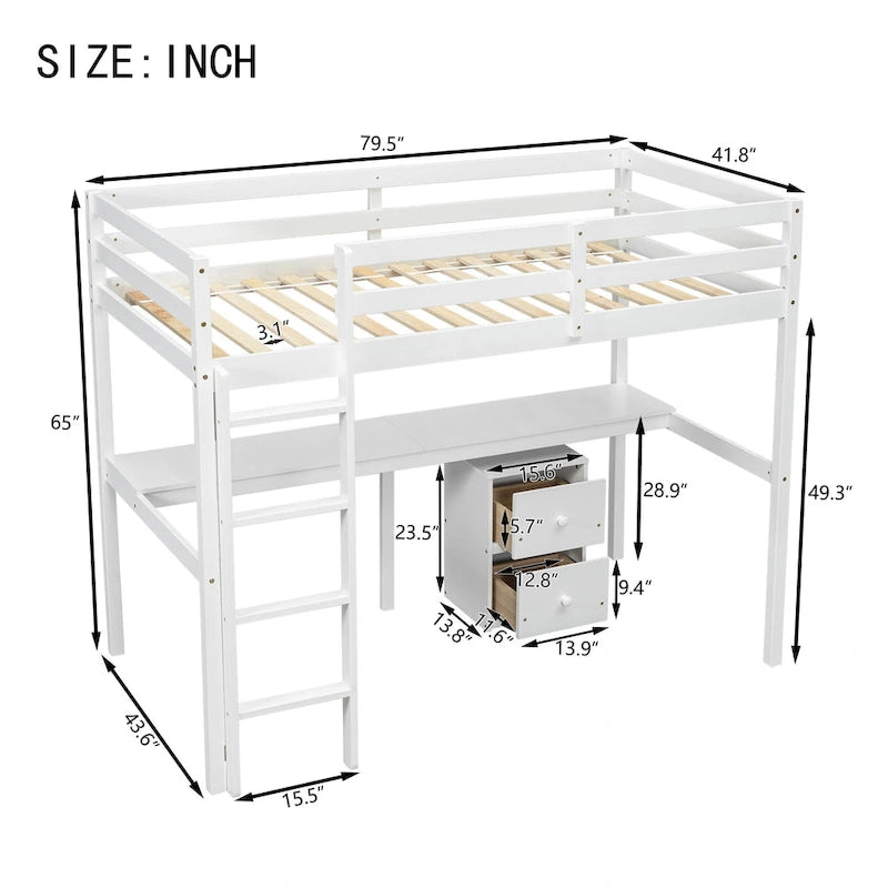 Lit mezzanine double en bois avec bureau intégré, armoire à 2 tiroirs, barrières de sécurité et échelle