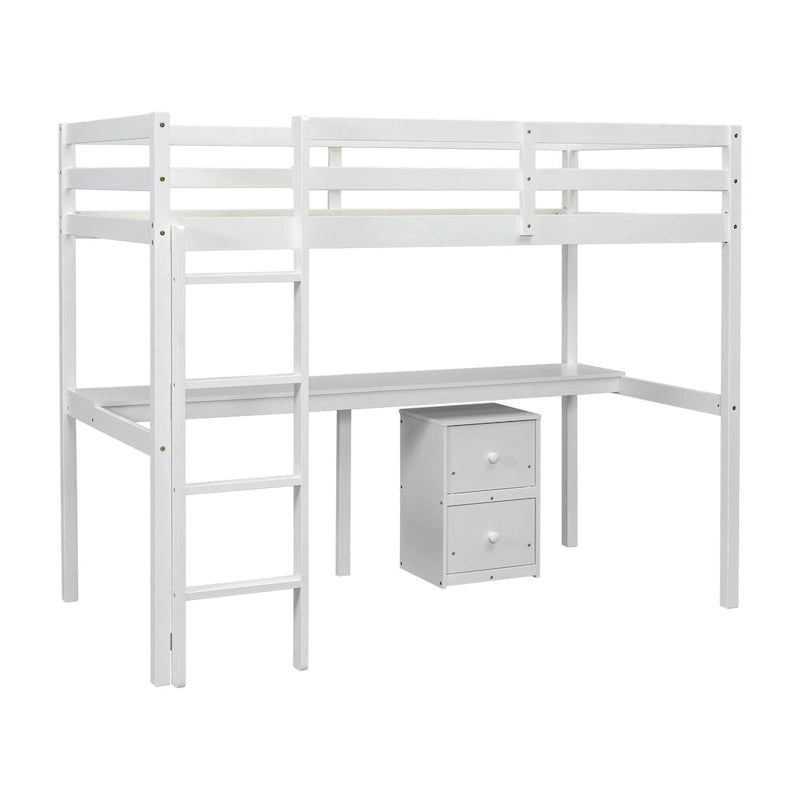 Lit mezzanine double en bois avec bureau intégré, armoire à 2 tiroirs, barrières de sécurité et échelle