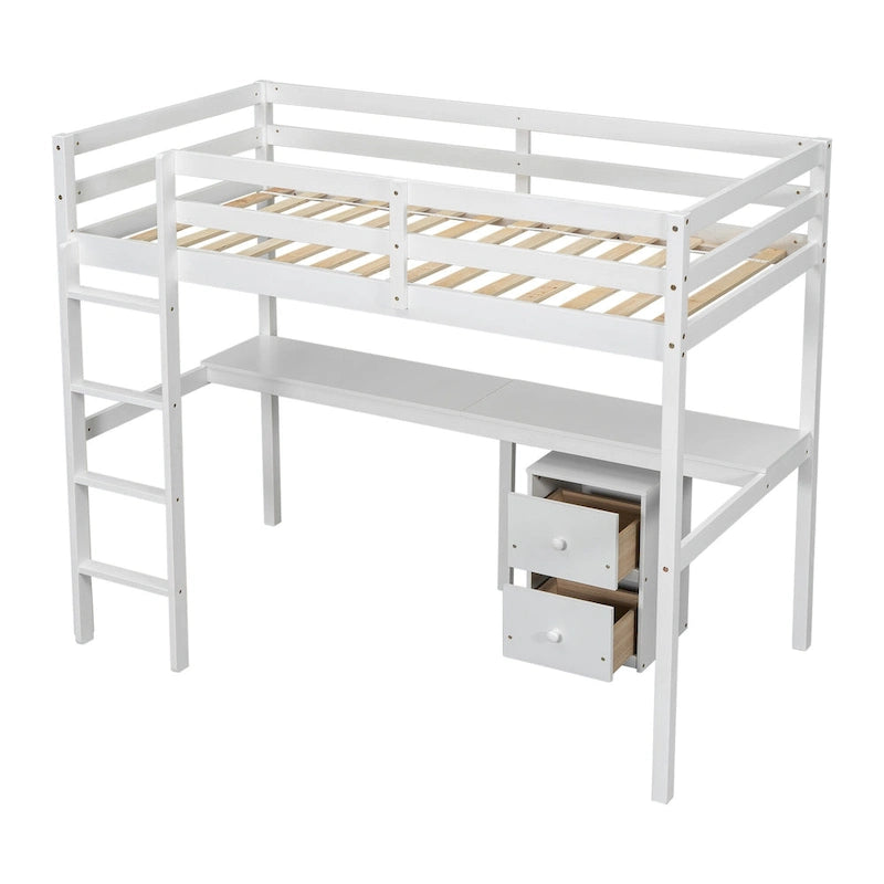 Lit mezzanine double en bois avec bureau intégré, armoire à 2 tiroirs, barrières de sécurité et échelle