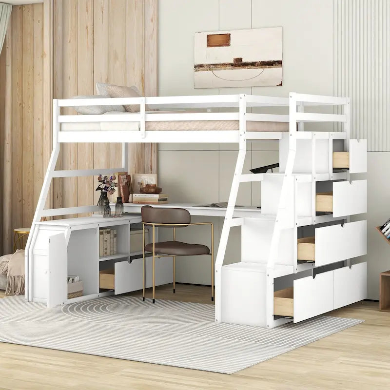 Lit mezzanine blanc en bois pour jumeaux avec tiroirs, étagères et bureau