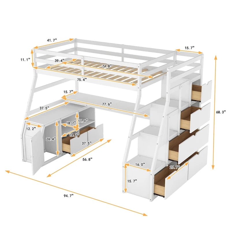 Lit mezzanine blanc en bois pour jumeaux avec tiroirs, étagères et bureau