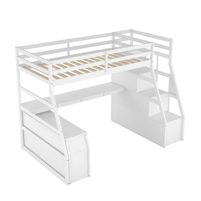 Lit mezzanine blanc en bois pour jumeaux avec tiroirs, étagères et bureau