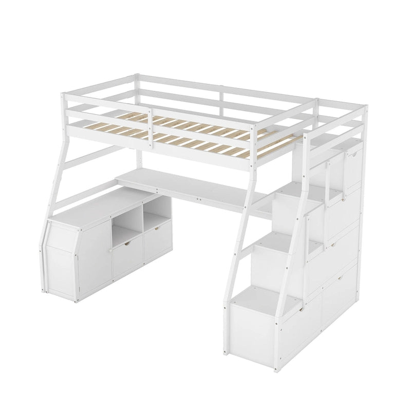 Lit mezzanine blanc en bois pour jumeaux avec tiroirs, étagères et bureau