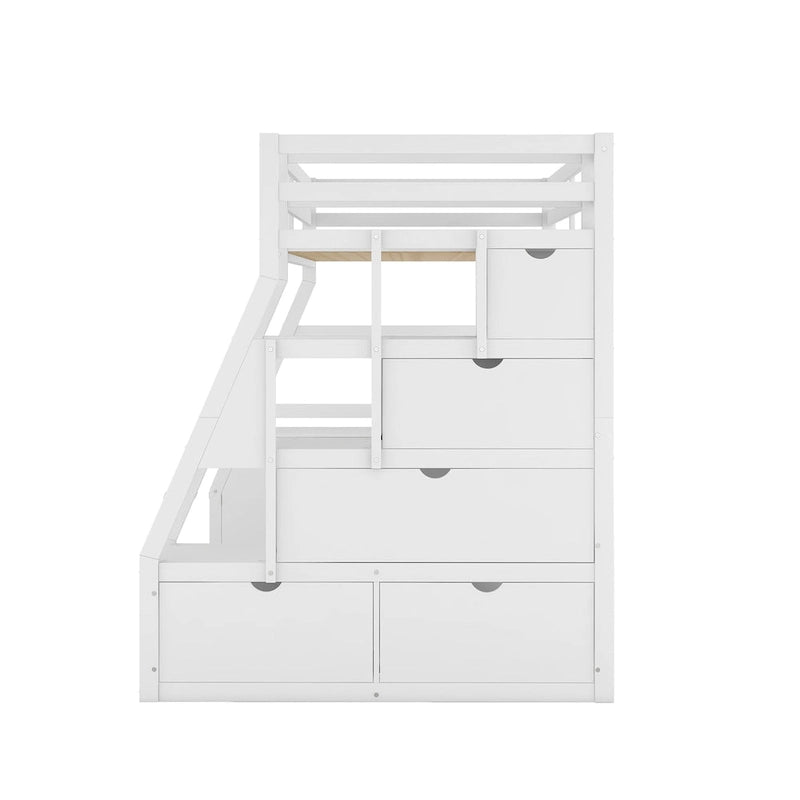 Lit mezzanine blanc en bois pour jumeaux avec tiroirs, étagères et bureau