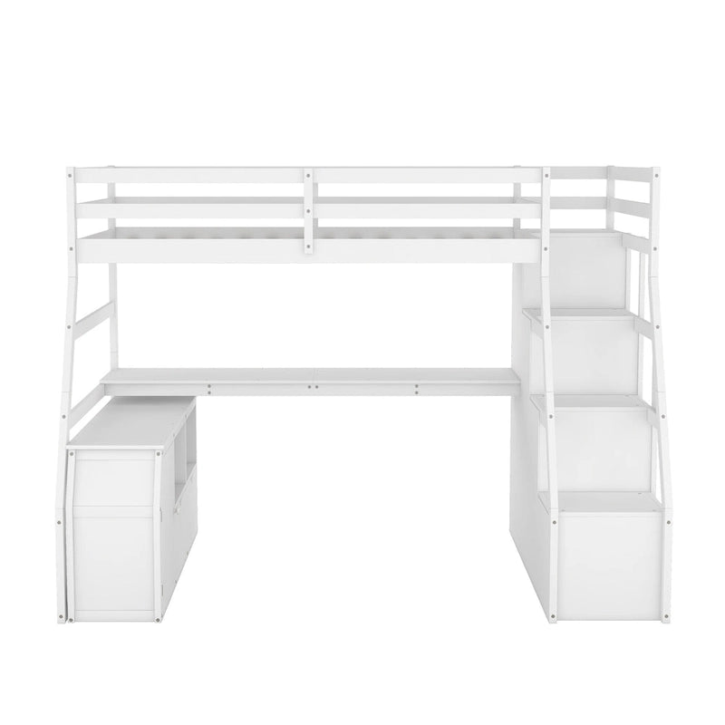 Lit mezzanine blanc en bois pour jumeaux avec tiroirs, étagères et bureau