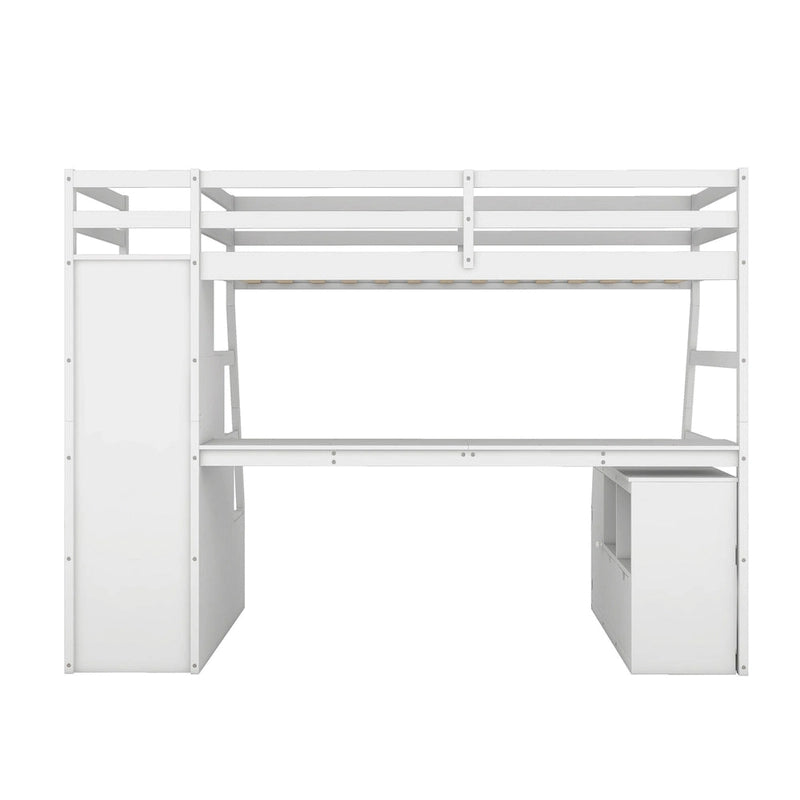 Lit mezzanine blanc en bois pour jumeaux avec tiroirs, étagères et bureau