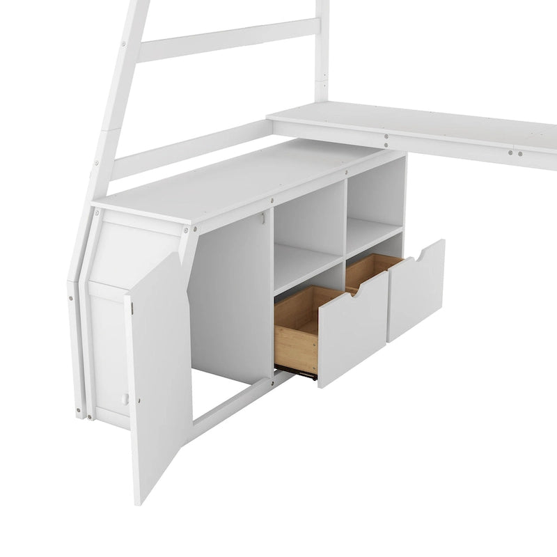 Lit mezzanine blanc en bois pour jumeaux avec tiroirs, étagères et bureau