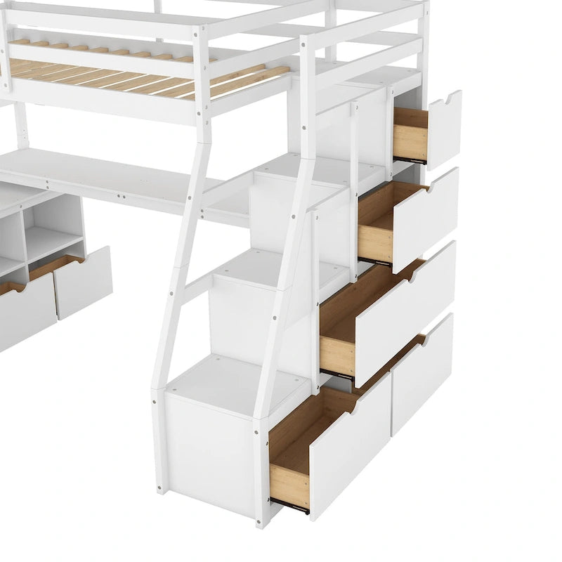 Lit mezzanine blanc en bois pour jumeaux avec tiroirs, étagères et bureau