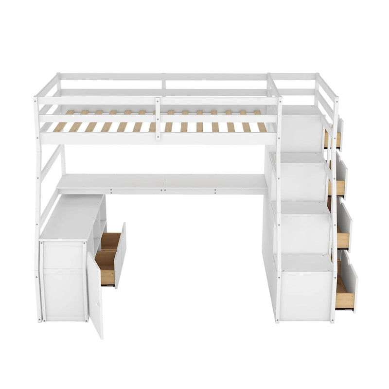 Lit mezzanine blanc en bois pour jumeaux avec tiroirs, étagères et bureau