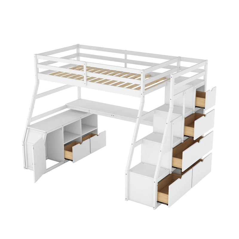 Lit mezzanine blanc en bois pour jumeaux avec tiroirs, étagères et bureau
