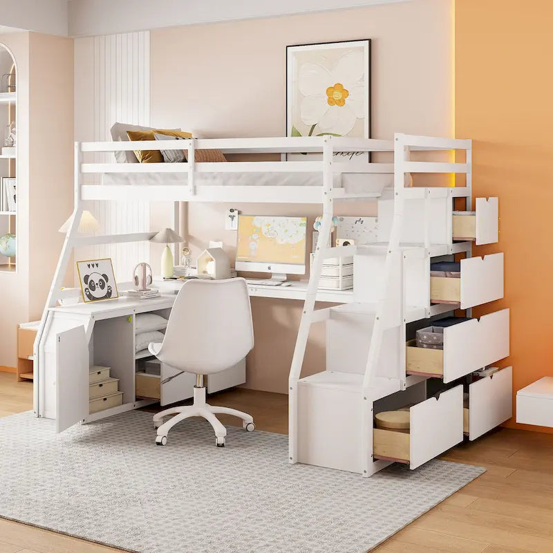 White Full Size Wood Loft Bed with Drawers, Shelves & Desk