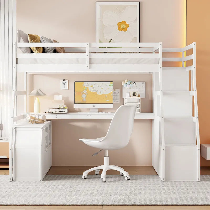 Lit mezzanine double en pin avec bureau, tiroirs et étagères de rangement