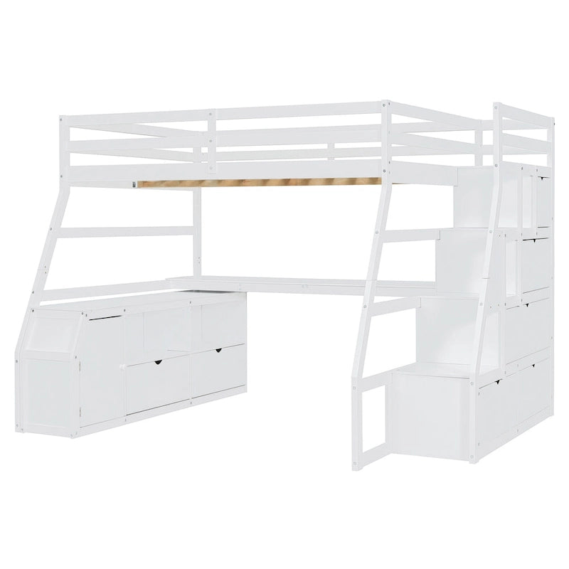 Lit mezzanine double en pin avec bureau, tiroirs et étagères de rangement