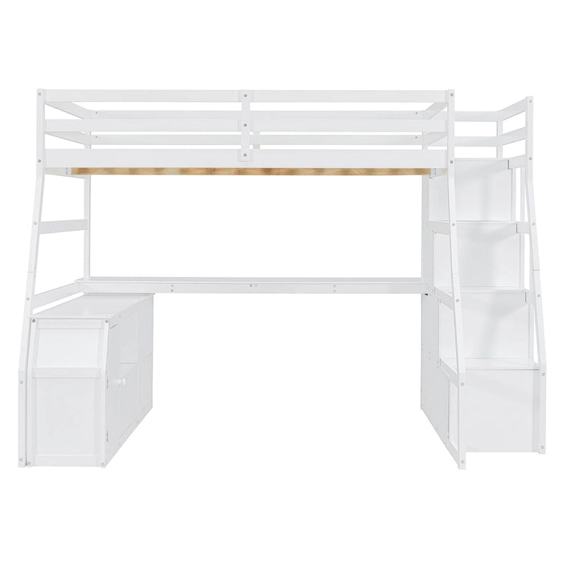 Lit mezzanine double en pin avec bureau, tiroirs et étagères de rangement