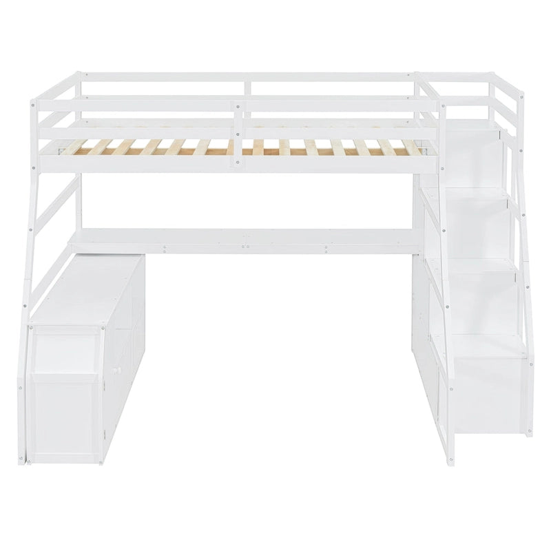 Lit mezzanine double en pin avec bureau, tiroirs et étagères de rangement