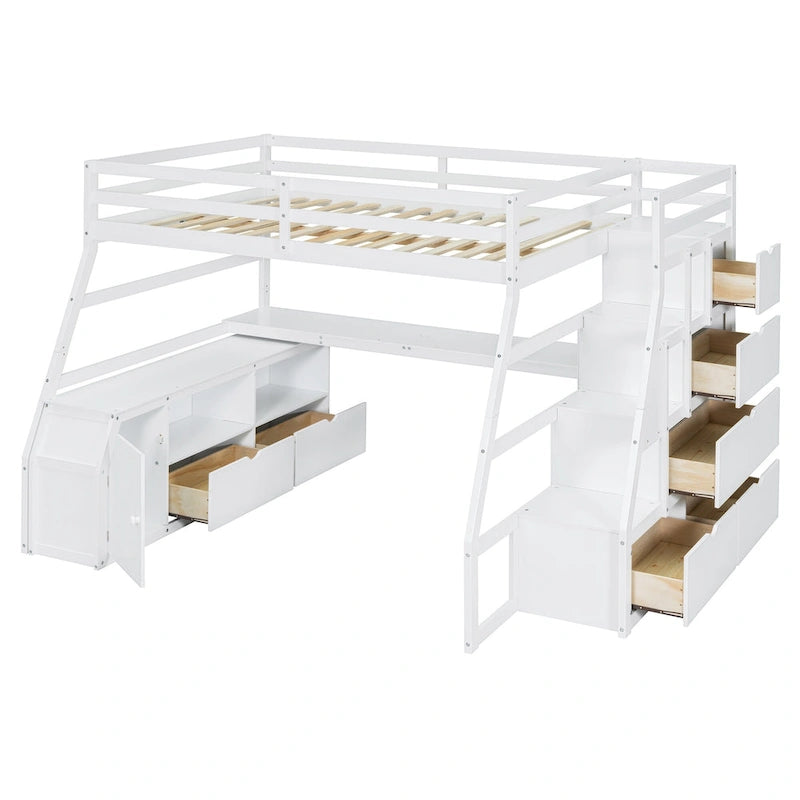 Lit mezzanine double en pin avec bureau, tiroirs et étagères de rangement