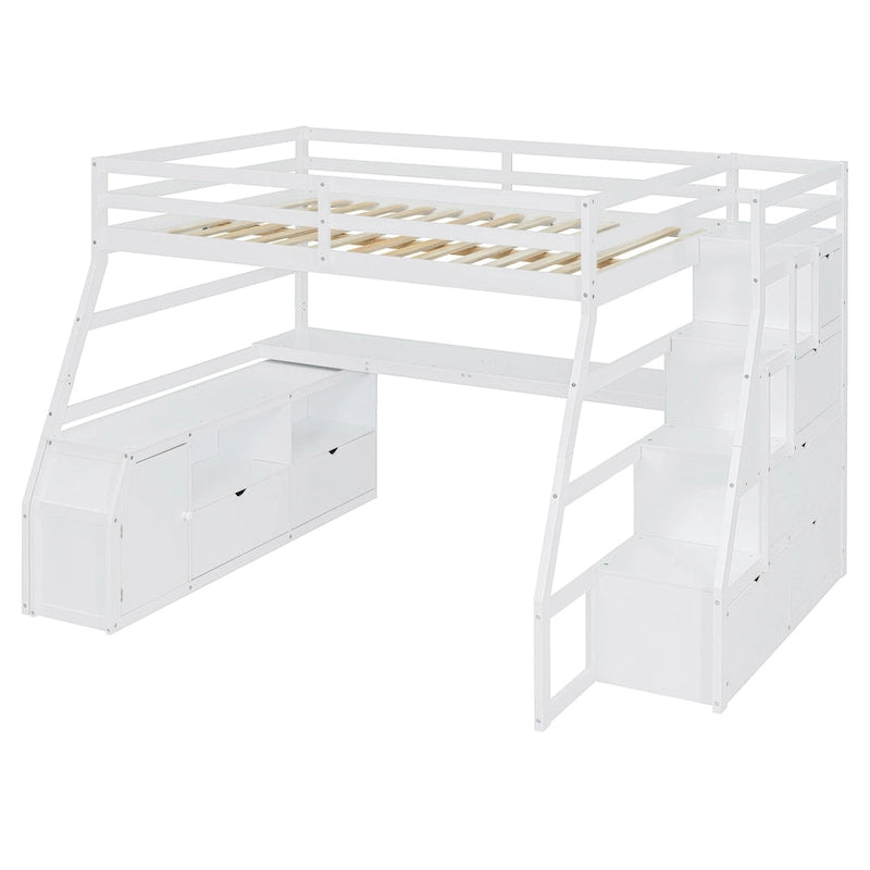 Lit mezzanine double en pin avec bureau, tiroirs et étagères de rangement
