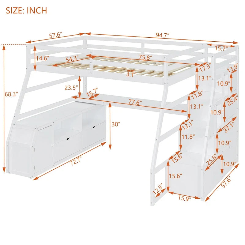 Lit mezzanine double en pin avec bureau, tiroirs et étagères de rangement