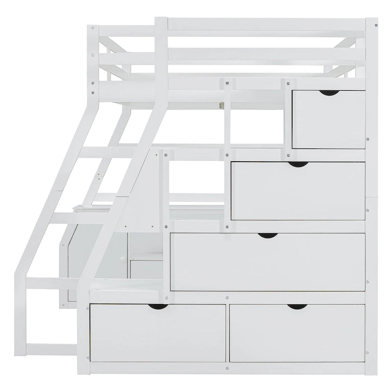 Lit mezzanine double en pin avec bureau, tiroirs et étagères de rangement