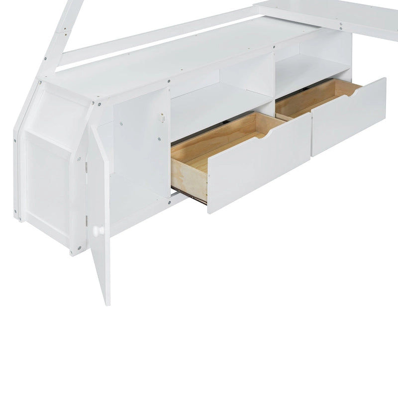 Lit mezzanine double en pin avec bureau, tiroirs et étagères de rangement