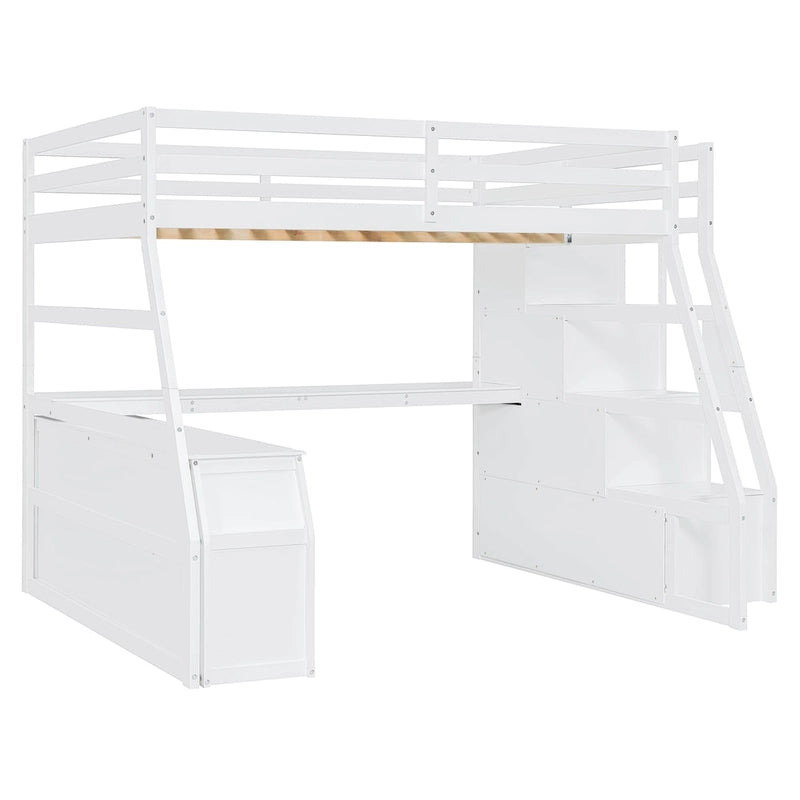 Lit mezzanine double en pin avec bureau, tiroirs et étagères de rangement
