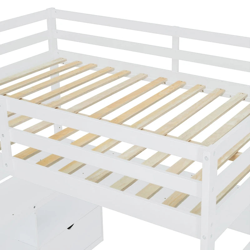Lit mezzanine double en pin avec bureau, tiroirs et étagères de rangement