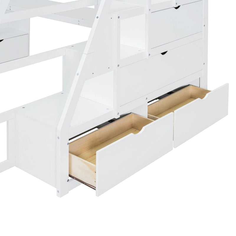 Lit mezzanine double en pin avec bureau, tiroirs et étagères de rangement