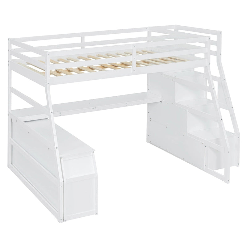 Lit mezzanine double en pin avec bureau, tiroirs et étagères de rangement