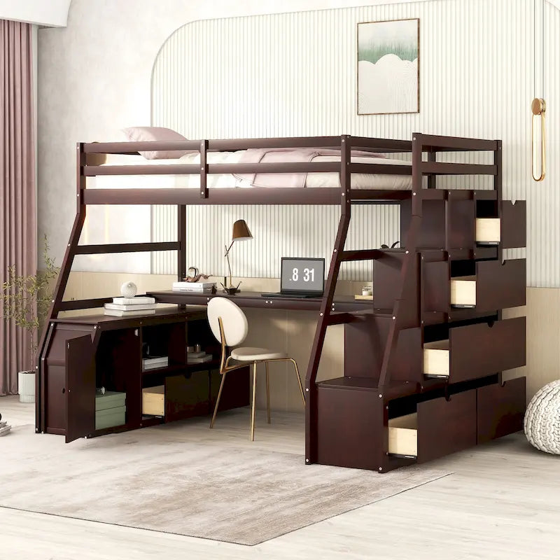 Lit mezzanine en bois, format simple, avec tiroirs, étagères et bureau