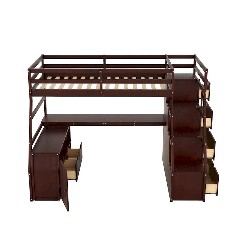 Lit mezzanine en bois, format simple, avec tiroirs, étagères et bureau