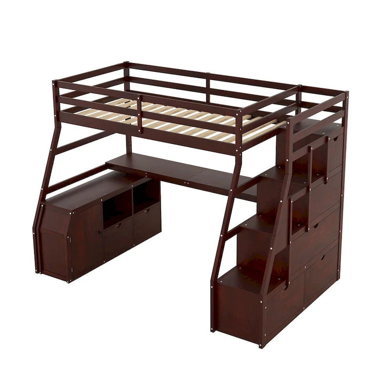 Lit mezzanine en bois, format simple, avec tiroirs, étagères et bureau