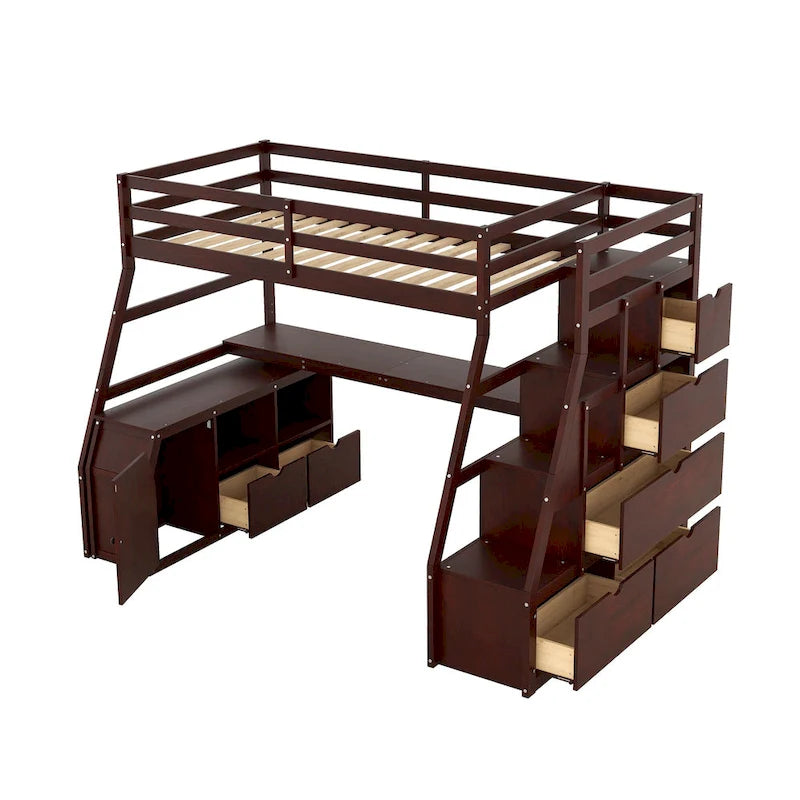Lit mezzanine en bois, format simple, avec tiroirs, étagères et bureau