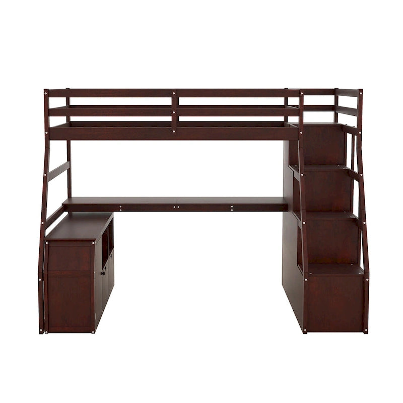 Lit mezzanine en bois, format simple, avec tiroirs, étagères et bureau