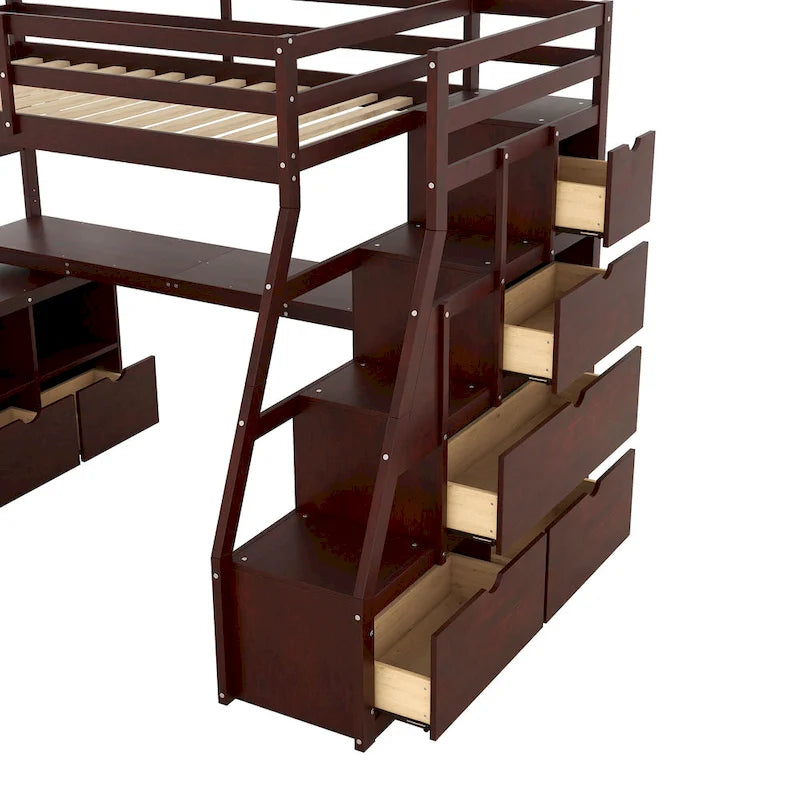 Lit mezzanine en bois, format simple, avec tiroirs, étagères et bureau