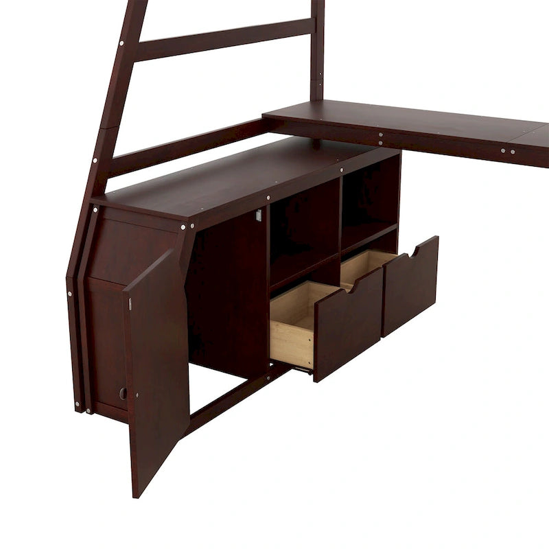 Lit mezzanine en bois, format simple, avec tiroirs, étagères et bureau