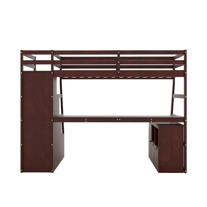 Lit mezzanine en bois, format simple, avec tiroirs, étagères et bureau