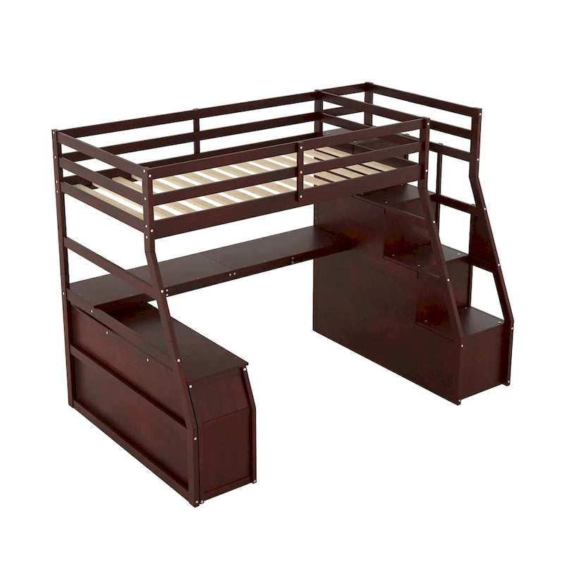 Lit mezzanine en bois, format simple, avec tiroirs, étagères et bureau